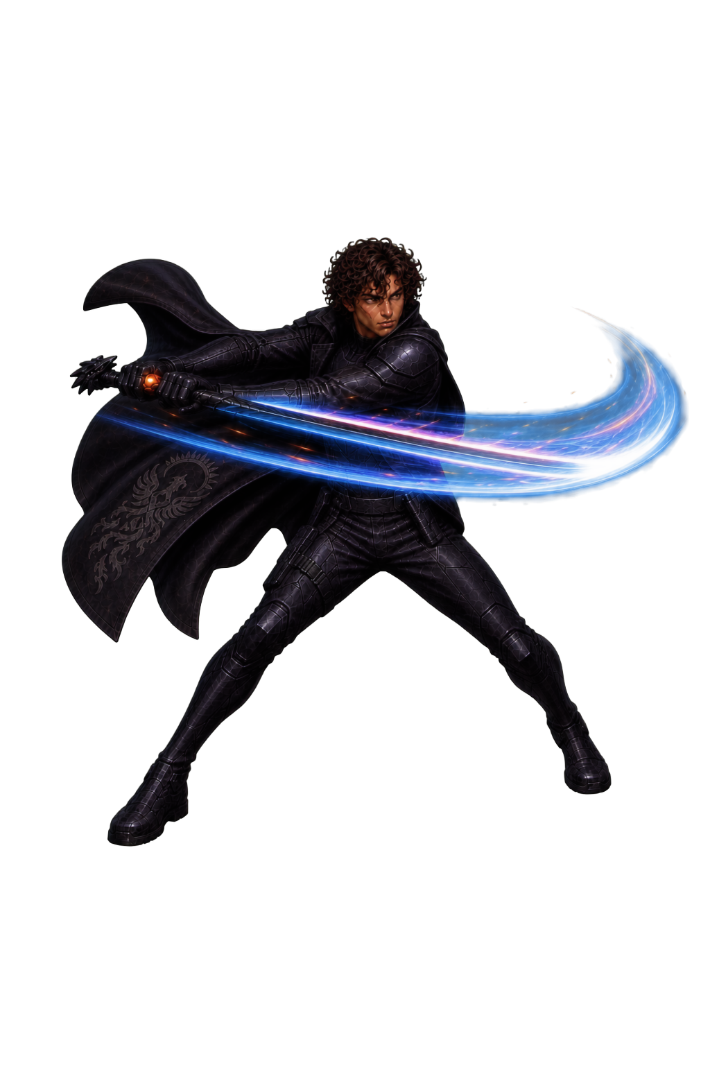 Itori sweeping a drawn blade through a blue luminous arc