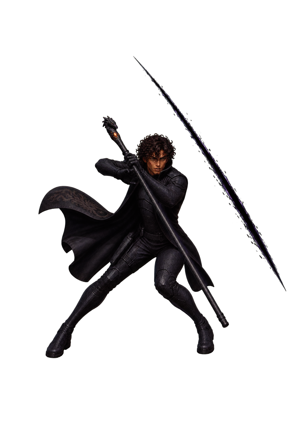Itori in a guarded stance with a staff and a dark blade