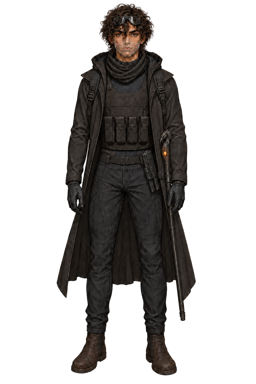 Itori in dark travel clothing with a long coat, goggles and a staff