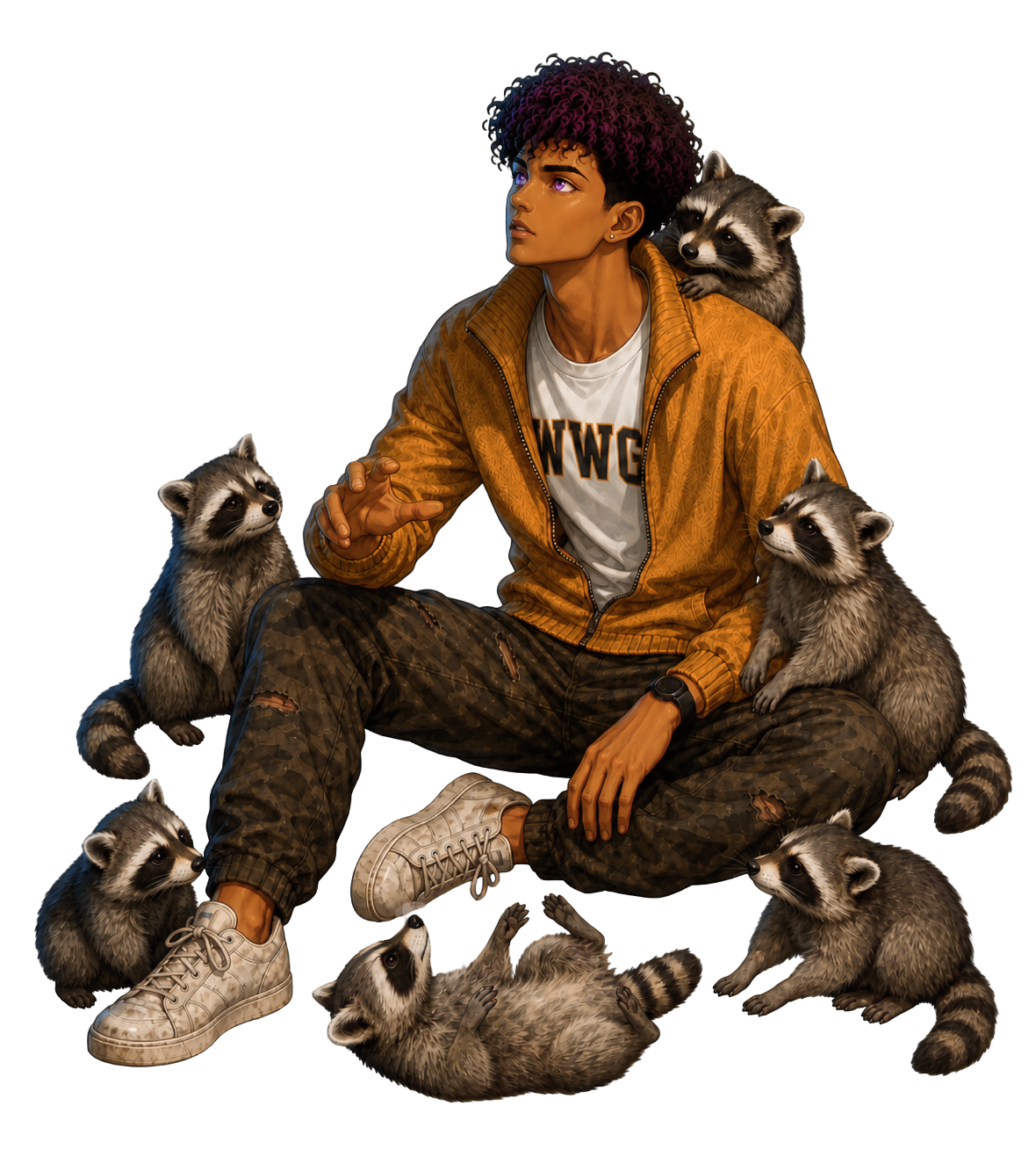 Roku seated with six raccoons, looking upward to the left