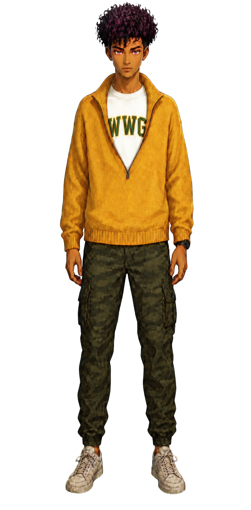Roku Silver in a mustard gold jacket, camouflage trousers and white trainers