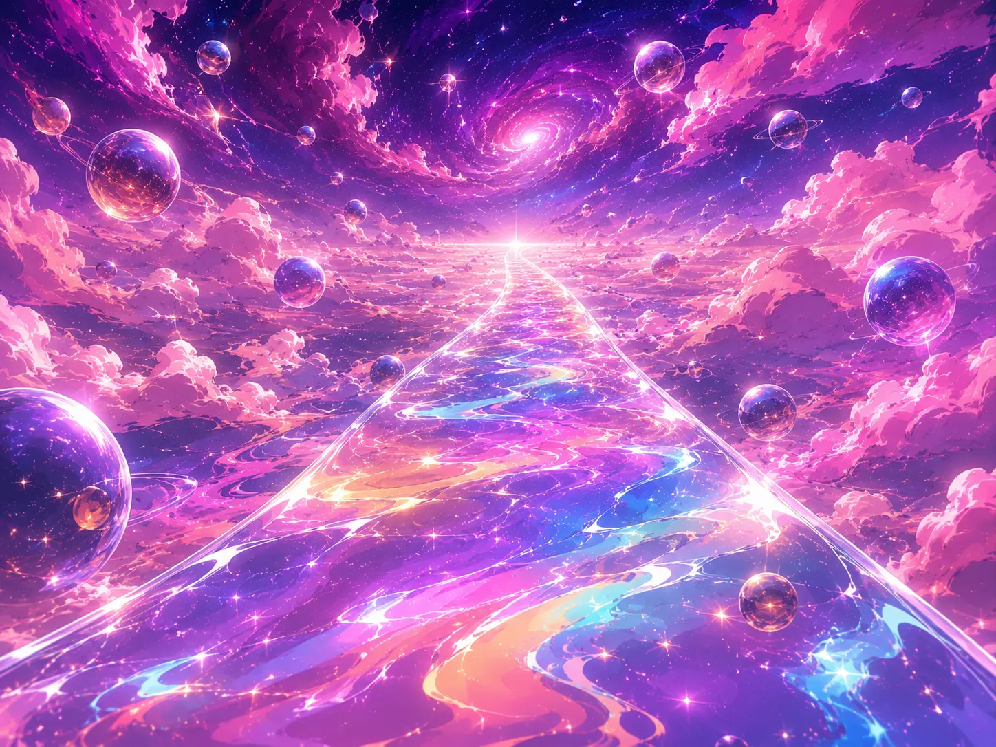 A luminous road reaching through a cosmic landscape